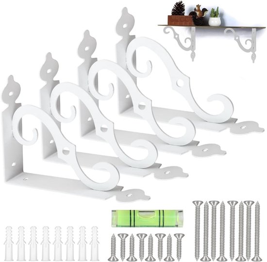 Vintage witte plankensteunen van gietijzer - Set van 4 stevige en decoratieve plankenhouders