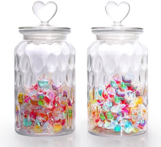 Voorraadpotten met deksel, luchtdicht, set van 2, snoepglas met hartvorm, voorraadpotten, glas, 1300 ml, decoratieve voorraadpotten voor snoepbar, keuken, edelsteentextuur