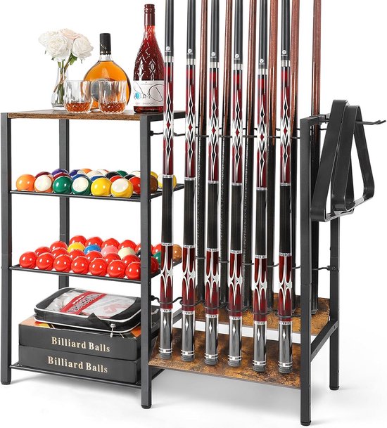 Vrijstaande Keuilenrek voor 12 Keuen met Opslag voor Ballen en Accessoires - Biljart Standaard van Merkloos