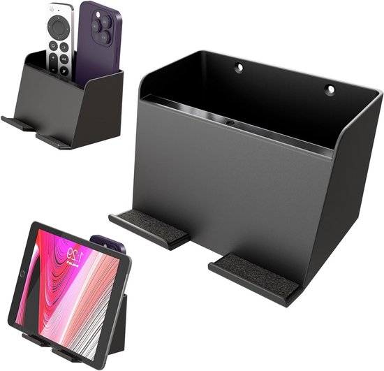 Wandhouder en organizer voor tablet en telefoon, 2-in-1 design met opbergdoos, geschikt voor iPad, Samsung Tab en Kindle, stevig ABS met EVA anti-slip pad, zwart