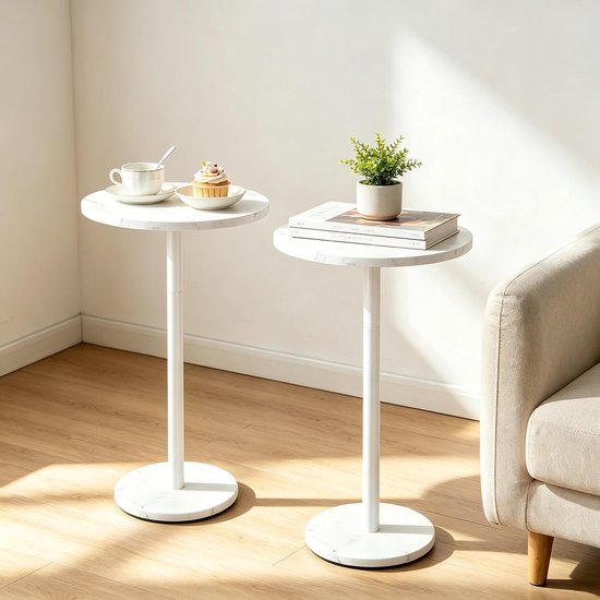 Witte bijzettafel, ronde salontafel met marmeren sokkel, sofa-bijzettafel voor woonkamer en slaapkamer, 32 cm, wit, set van 2