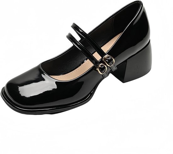 Womens lakleer Platform Mary Janes jurk pumps gotische lage dikke hak schoenen zoete lolita gesloten teen enkel verstelbare riem