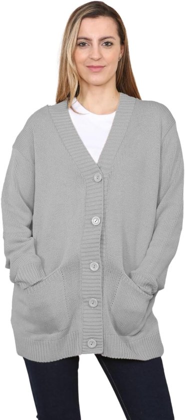 Womens lange mouwen Chunky kabel gebreide knop dames Grandad lange vest 8-22 Plus grootte UK 16-18 XL grijs