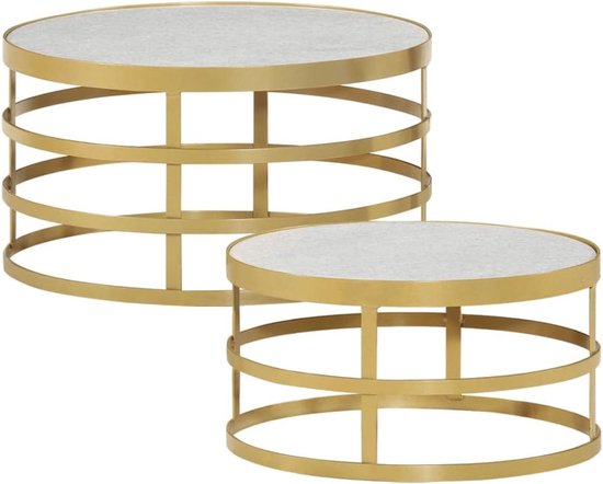 woonkamertafel, salontafel, salontafelset, 2-delig, marmer, messingkleuren en wit, eenvoudig te monteren