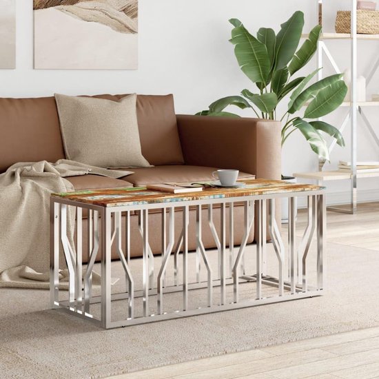 Woonkamertafel, salontafel, woonkamerdecoratie, salontafel, zilver, roestvrij staal en oud hout, massief voor woonkamer, kantoor, slaapkamer