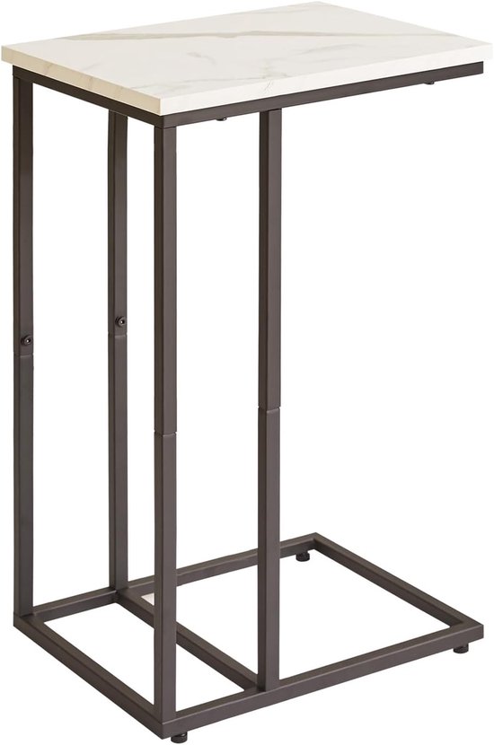 YD-TM051B C-vormige bijzettafel, schuif- en sofatafel, nachtkastje met stalen frame voor woonkamer, slaapkamer, kleine ruimtes, wit kunstmarmer en zwart metalen frame