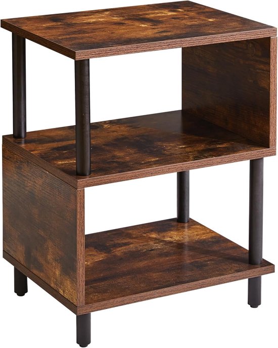 YD-TM152H 3-laags S-vormig design bijzettafel, sofa-bijzettafel, smalle design met opbergplank voor woonkamer, slaapkamer/smalle ruimte, retro kleur+zwarte poten