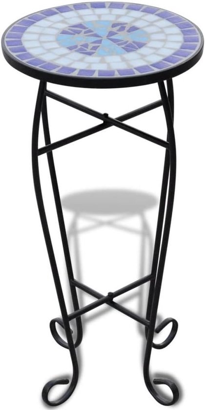 Yorten Mozaïektafel, mozaïek, rond, bijzettafel, bistrotafel, balkontafel met ijzeren frame, wit en blauw, 30 x 60 cm (Ø x H)