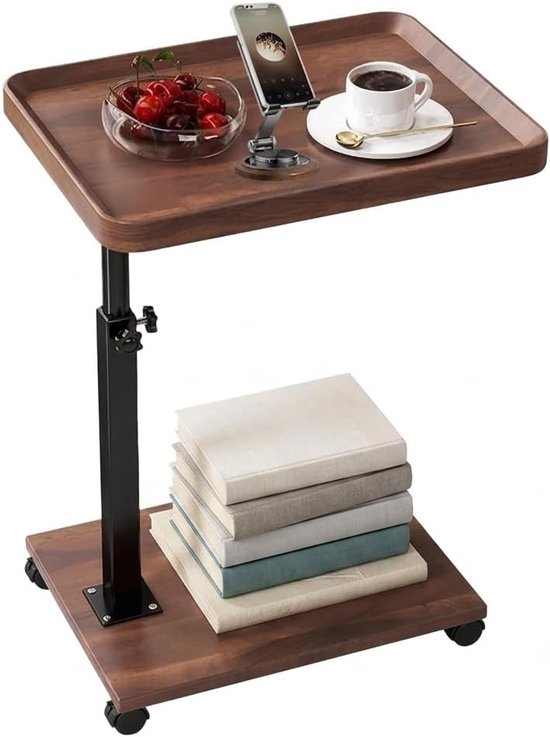 zijtafel met wieltjes, hoogte 45-80 cm, 360 graden draaibaar design, MDF-plaat met walnoothoutlook, robuust metalen frame, compacte salontafel voor bank, bed
