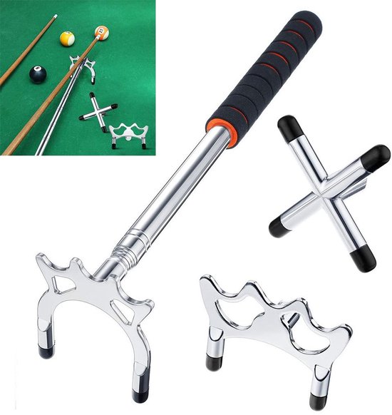 Zilverkleurige biljartkeu met telescopische steun en drie afneembare vorken (hoog, laag en kruis), biljarttafelaccessoires. van Merkloos