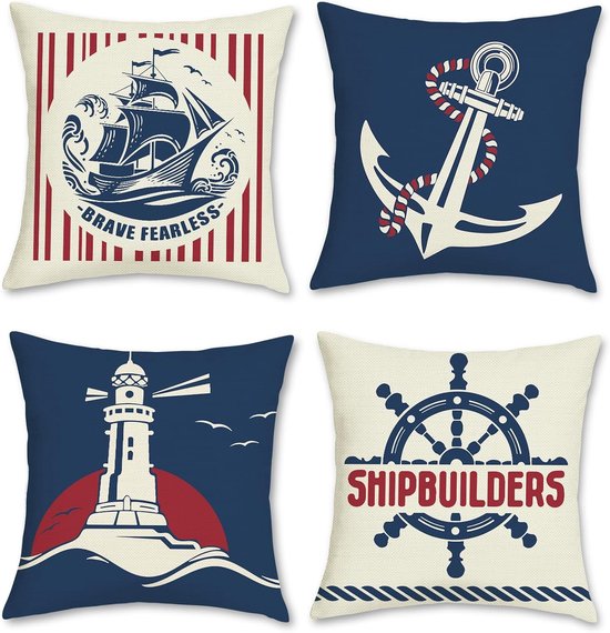 Zomers nautisch kussenslopen 45 x 45 cm, boot anker stuur vuurtoren rood marineblauw decoratieve kussenhoezen sierkussenslopen voor bank woonkamer thuis set van 4