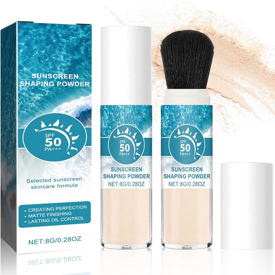 Zonnecrème voor het gezicht met kwast, 2 stuks minerale zonnebrandcrème setting Powder SPF 50, oliecontrole, lichtdoorlatend, ademend en duurzaam, zonwering voor alle huidtypes