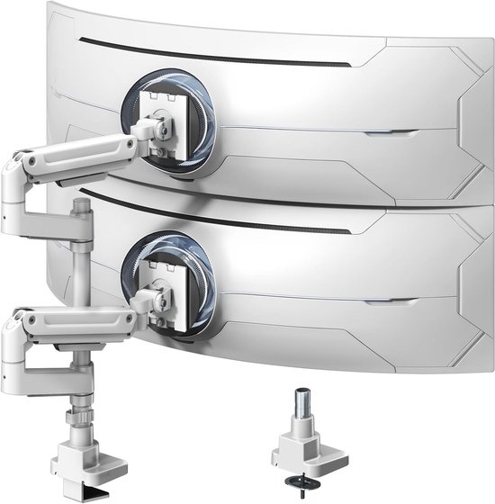 Zware Dubbele Monitorarm voor 17-49" Schermen - Verticaal Gestapelde Monitorsteun voor Ultrawide Displays tot 20kg, Aluminium, Volledige Beweging, VESA 75/100mm, Wit en Ergonomisch Ontwerp