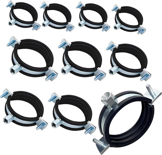 Zware Gegalvaniseerde Stalen Buisbeugels, 30-35mm Met Zwarte Rubber Binnenvoering en M8 Vrouwelijk Draad - Split Ring Buissteun (Set van 10) voor Duurzame Bevestiging