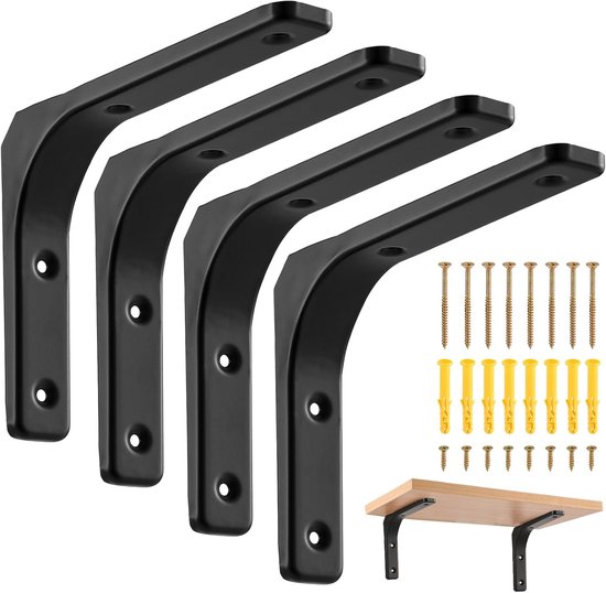 Zware Hoeksteunen voor Planken - 4 Stuks, Metalen Driehoekige Wandbeugels, 200x150mm, 50kg Draagvermogen, Ideaal voor Opbergruimte en Wanddecoratie