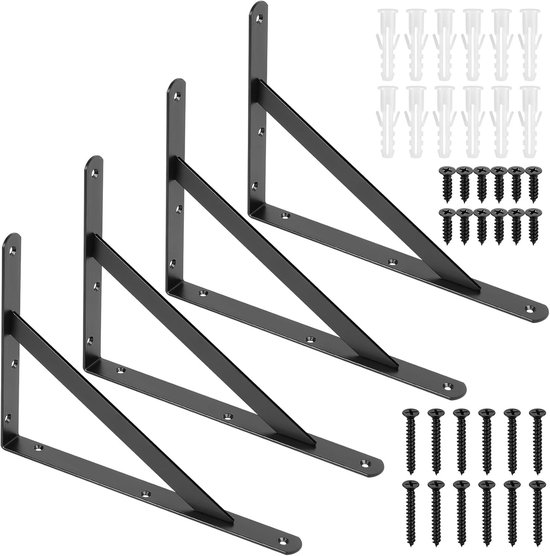 Zware metalen hoeksteunen voor wandmontage, set van 4, 28 x 10 x 21 cm, ideaal voor planken en opslag