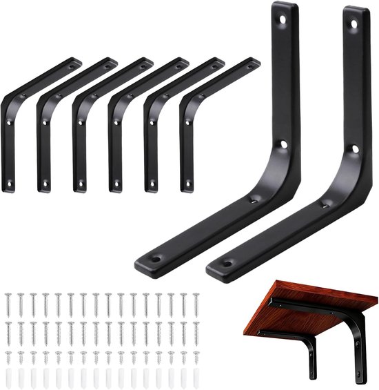 Zware metalen plankhouders voor wandmontage, 8 stuks, 90 graden hoeksteunen voor stevige planken, zwart