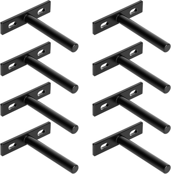 Zware Onzichtbare Steunbeugels voor Wandplanken - T-vormige Metalen Beugels voor Houten Planken, Matte Zwart, 8 Stuks, Ideaal voor Thuis en Kantoor Decoratie
