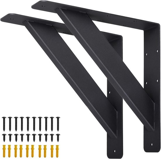 Zware Stevige Plankensteunen, 90 Graden Werkbladsteun, Metalen Hoekbeugels voor Wandmontage, Triangulaire Hoeksteunen, 254 x 254mm, Zwart, Ideaal voor Planken en Meubels