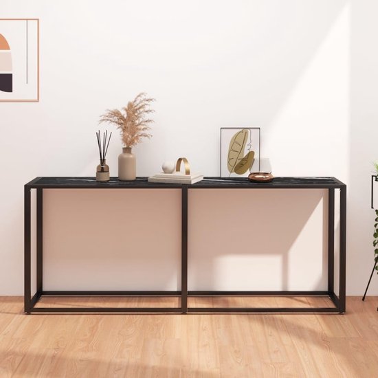 Zwart marmerlook 180 x 35 x 75,5 cm gehard glas bijzetmeubel met stalen frame en gehard glasplaat voor woonkamer en hal