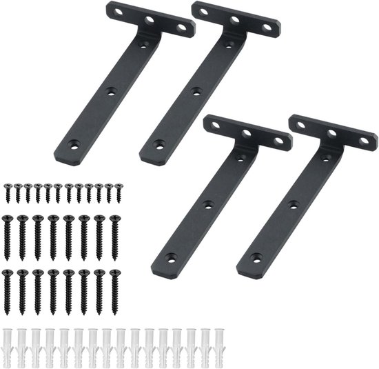 Zwarte L-vormige Plankensteunen - 4 Stuks, 170MM x 75MM, Sterke Metalen Beugels voor Wandplanken en Ondersteuning van Hangende Voorwerpen