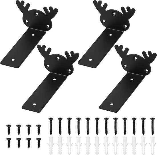 Zwarte Metalen Floating Shelf Holders - Zware Duurzame Wandbeugels voor Hoekplanken in Woonkamer, Kantoor en Keuken - 4 Stuks, 125mm Antler Stijl