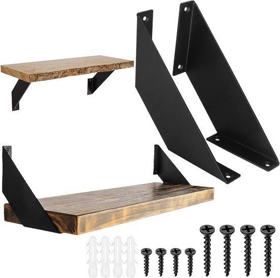 Zwarte metalen hoeksteunen voor planken, set van 2, 15 cm, geschikt voor boekenplanken, tuinmeubels en keukenkasten