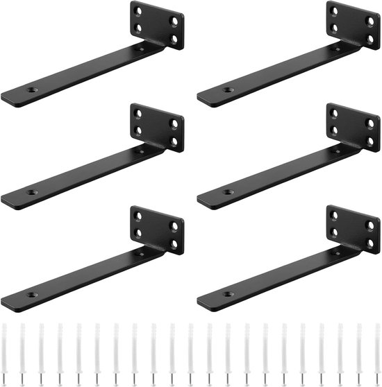 Zwarte Wandbeugels voor Planken - 6 Stuks van 20 cm - Stevige L-vormige Beugels voor Boekenplanken, Keuken en Badkamer Schappen